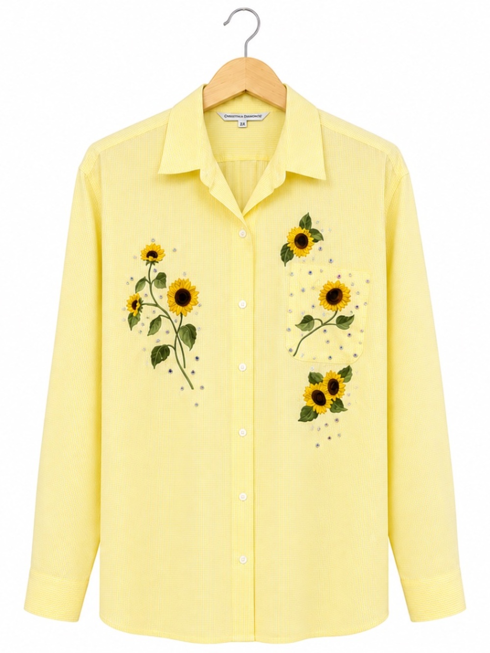 🔥 Draper’s & Damon’s 2X Yellow Sunflower Rhinestone Button Down Blouse NWT